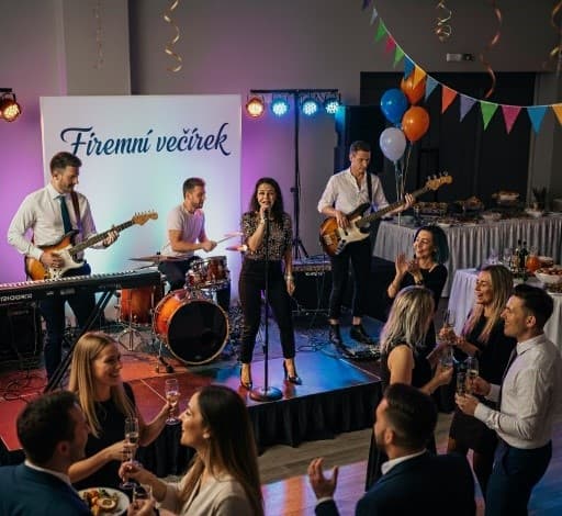 Kapela na firemním večírku na podiu a bavící se a tančící lidé
